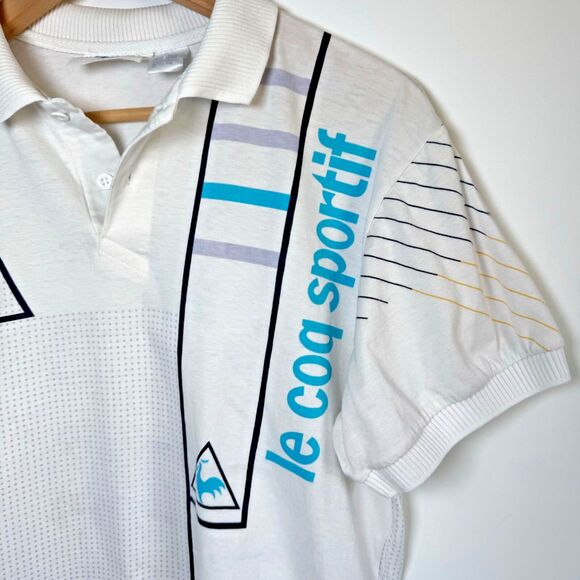Le Coq Sportif Futuriste Polo Shirt Mens Small White Geometric Made in Japan - Picture 2 of 11